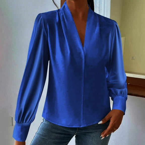Delliss Women's Soft Satin Silk Shirt Pleated Long Sleeve Work Top Blue L
