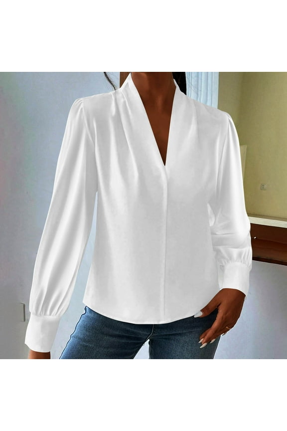 Women's Soft Satin Silk Shirt Pleated Long Sleeve Work Top White M