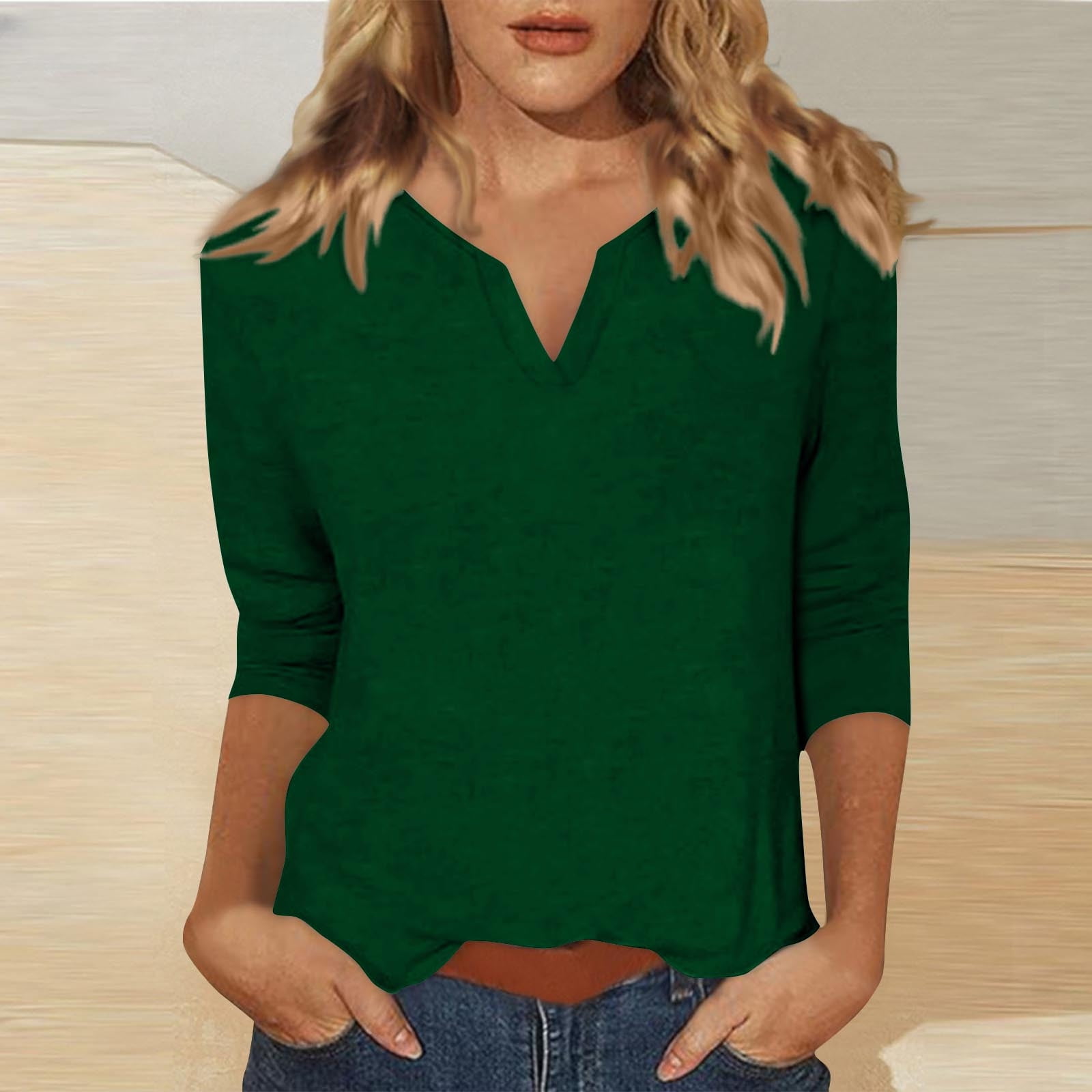 Delliss Women's Solid Color 3/4 Sleeve V Neck Pullover Slim Fit Casual ...