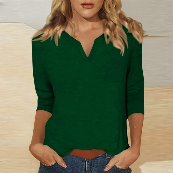Delliss Women's Solid Color 3/4 Sleeve V Neck Pullover Slim Fit Casual Fashion Top S-2XL