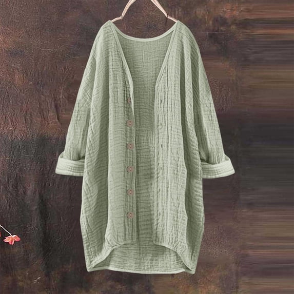 Delliss Women's Solid Color Cotton Loose Button Long Sleeve Wrinkles Cardigan Comfy Top