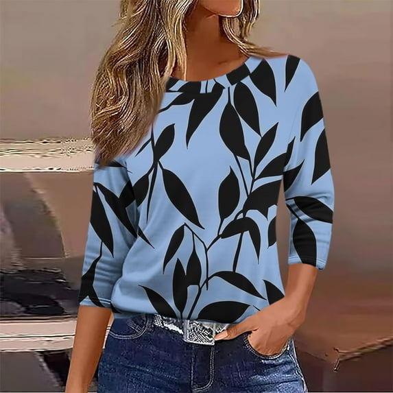 Delliss Women's Solid Color Crew Neck 3/4 Sleeve Blouse Simple Trendy Top