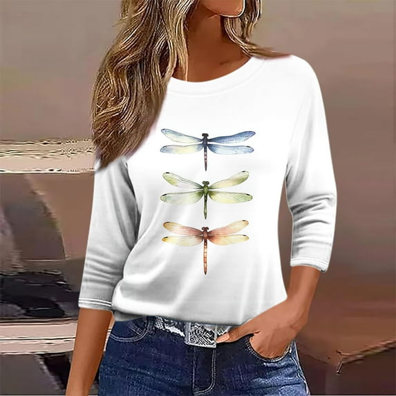 Delliss Women's Solid Color Crew Neck 3/4 Sleeve Blouse Simple Trendy Top