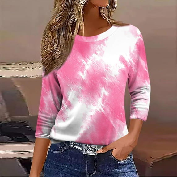 Delliss Women's Solid Color Crew Neck 3/4 Sleeve Blouse Simple Trendy Top