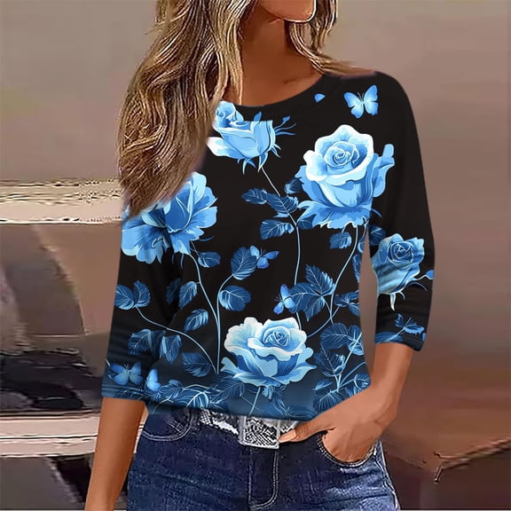 Delliss Women's Solid Color Crew Neck 3/4 Sleeve Blouse Simple Trendy Top