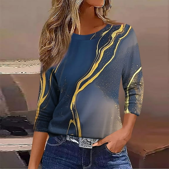 Delliss Women's Solid Color Crew Neck 3/4 Sleeve Blouse Simple Trendy Top