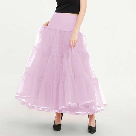 Delliss Women's Solid Color Elastic High Waist Mesh Swing Skirt Pink XL