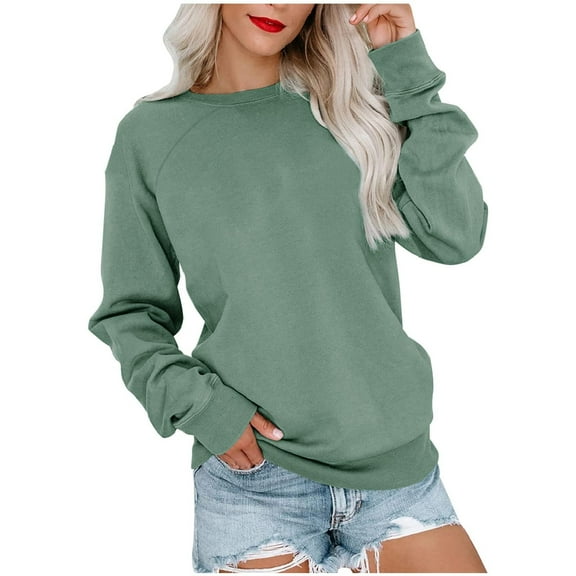 Delliss Women's Solid Color Loose Blouse Crew Neck Pullover Long Sleeve Basic Top Green L