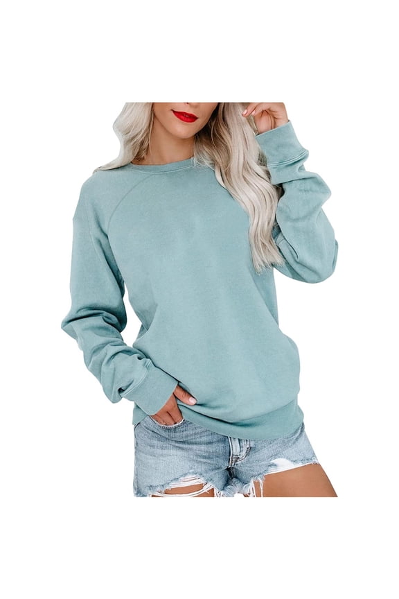 Women's Solid Color Loose Blouse Crew Neck Pullover Long Sleeve Basic Top Light Blue L