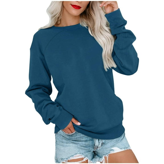Delliss Women's Solid Color Loose Blouse Crew Neck Pullover Long Sleeve Basic Top Navy M
