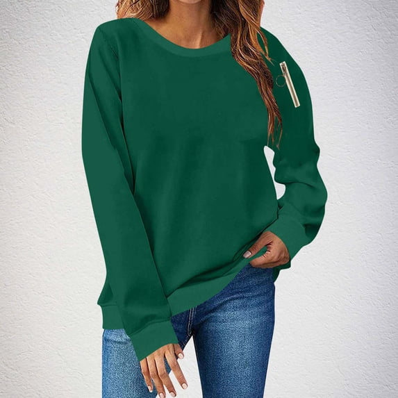 Delliss Women's Solid Color Loose Blouse Crew Neck Trendy Shirt Long Sleeve Basic Top Army Green M