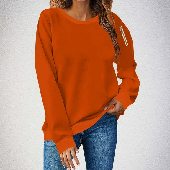 Delliss Women's Solid Color Loose Blouse Crew Neck Trendy Shirt Long Sleeve Basic Top Orange XXL