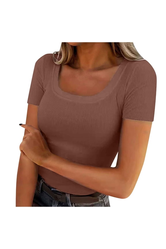 Women's Solid Color Square Neck Ribbed Knitted Short Sleeve Slim Fit T-shirt Loose Top