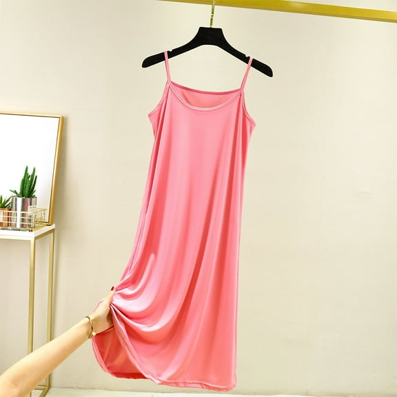 Delliss Women's Solid Color Thin Loose Comfortable Suspender Short Nightgown Watermelon Red L