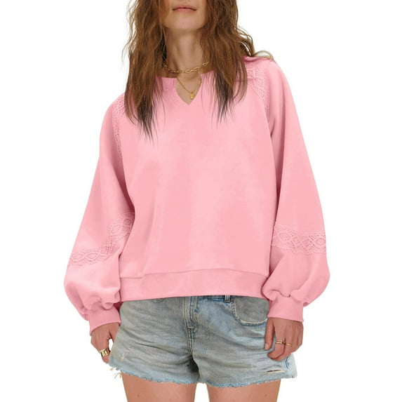 Delliss Women's Solid Color V Neck Lace Patchwork Long Sleeve Sweatshirt Pink XL