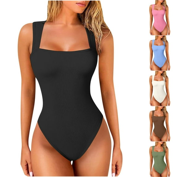 Delliss Women's Square Neck Bodysuit Trendy Tummy Control Slimming Seamless Sleeveless Shapewear