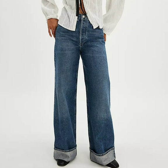 Delliss Women's Straight Fashion Flare Denim Pants Baggy Casual Jeans Dark Blue M