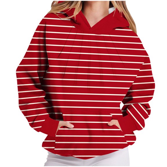 Delliss Women's Stripe Print Loose Hooded Comfy Blouse Stylish Long Sleeve Top Red XXL