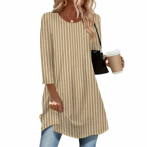 Delliss Women's Striped Print 3/4 Sleeve Crew Neck Curved Hem Long Top Khaki XL