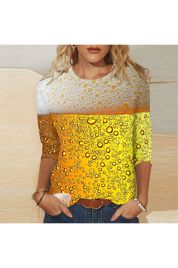 Women's Stylish Beer Festival Print Top Crew Neck 3/4 Sleeve Loose Classic Blouse