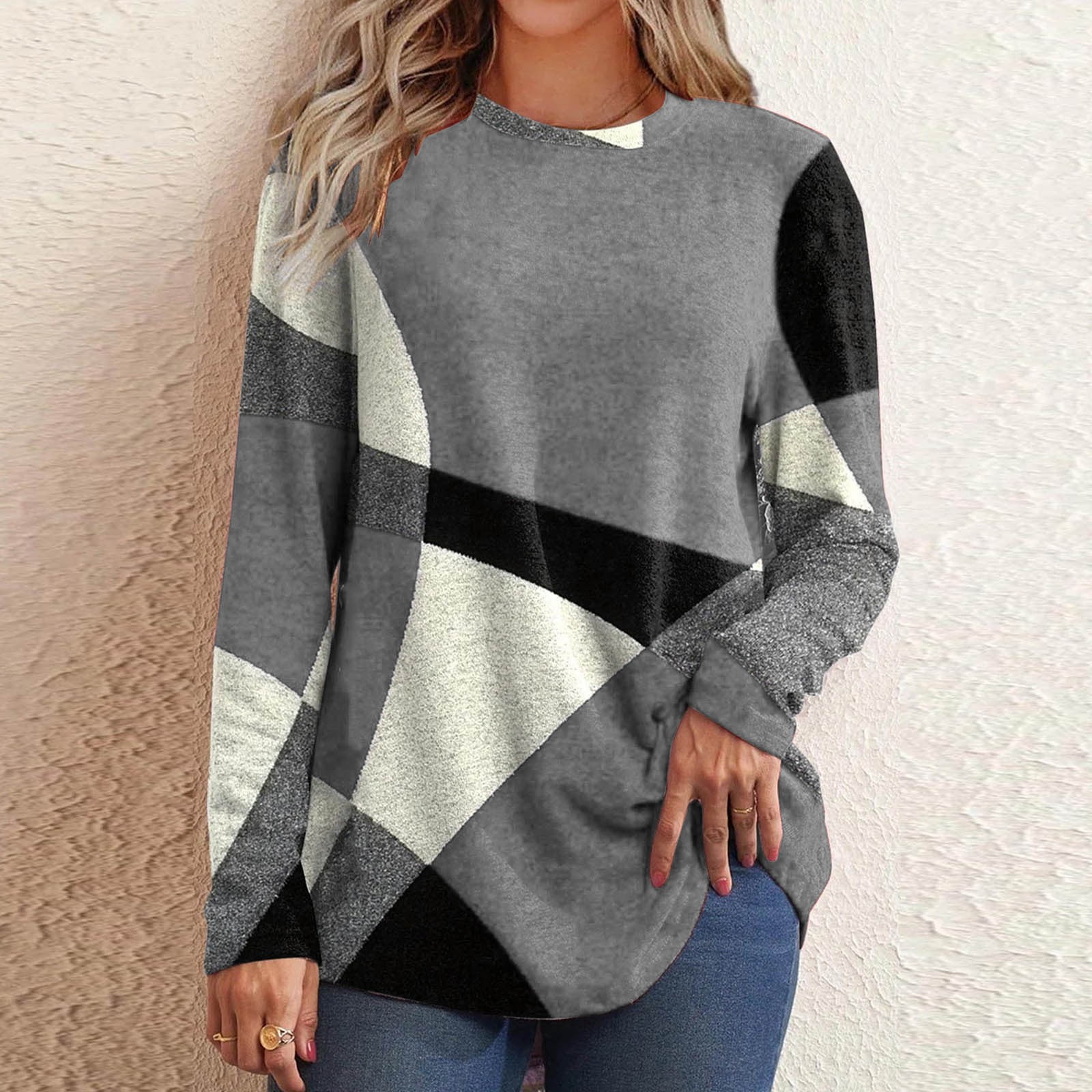 Delliss Women\u0026#39;s Stylish Geometric Print Blouse Crew Neck Long Sleeve Casual Basic Top - Walmart.com