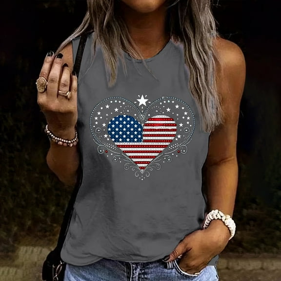 Delliss Women's Stylish Heart Print Tank Top Sleeveless Independence Day Blouse Crew Neck Simple T-Shirt