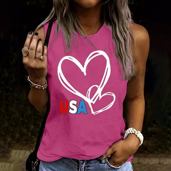 Delliss Women's Stylish Heart Print Tank Top Sleeveless Independence Day Blouse Crew Neck Simple T-Shirt