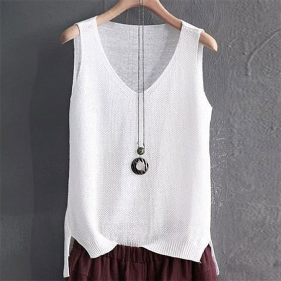 Delliss Women's Stylish V Neck Solid Color Baggy Sweater White L