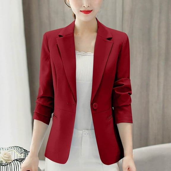 Delliss Women's Suit Coat Long Sleeve Simple Streetwear Top Work Business Coat Wine XXL