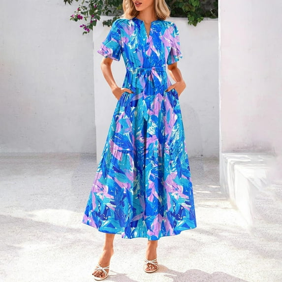 Delliss Women's Summer Button V Neck Short Sleeve Tiered Maxi Dress Boho Floral Print A-Line Pockets Ruffle Dress with Belt Blue XXL