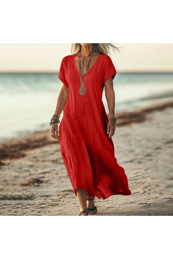Women's Summer Cap Sleeve V Neck Baggy Dress T Shirt Ankle-Long Dress Casual Trendy Dress Simple Beach Travel Dress