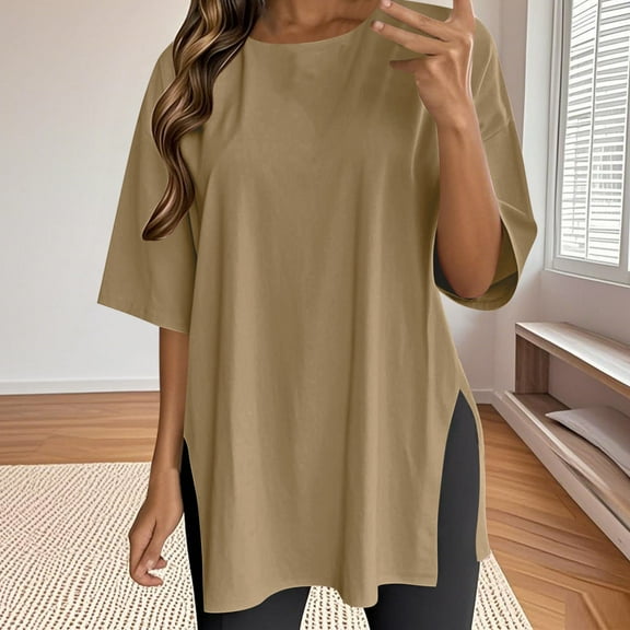Delliss Women's Summer Casual Loose Blouse Fashion Solid Color Round Neck Simple Top Side Slit Hem Pullover Short Sleeve T-shirt