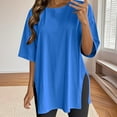 thumbnail image 1 of Delliss Women's Summer Casual Loose Blouse Fashion Solid Color Round Neck Simple Top Side Slit Hem Pullover Short Sleeve T-shirt, 1 of 7