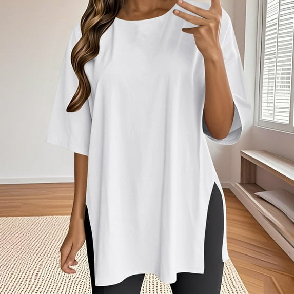 Delliss Women's Summer Casual Loose Blouse Fashion Solid Color Round Neck Simple Top Side Slit Hem Pullover Short Sleeve T-shirt