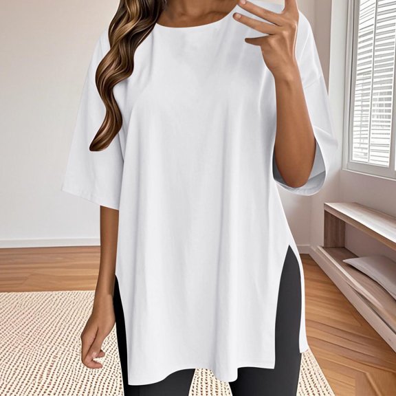 Delliss Women's Summer Casual Loose Blouse Fashion Solid Color Round Neck Simple Top Side Slit Hem Pullover Short Sleeve T-shirt