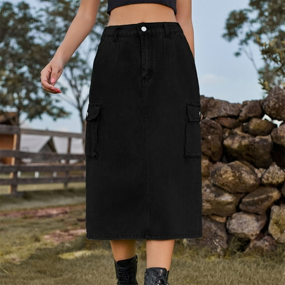 Delliss Women's Summer Denim Skirt Long Cargo Casual Mid-Length Skirt With Pocket