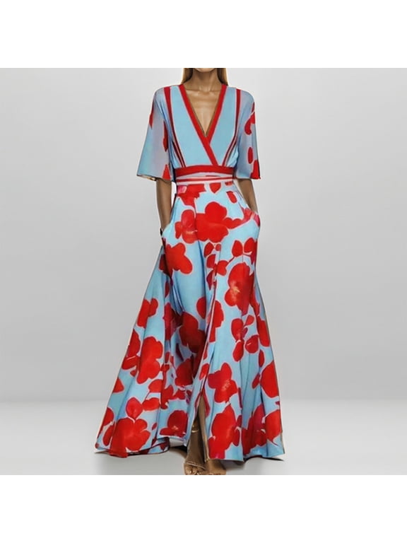 Delliss Women's Summer Elegant Elbow-Length Sleeve Split Print Dress Ankle Length Trendy Casual Long Maxi Dress