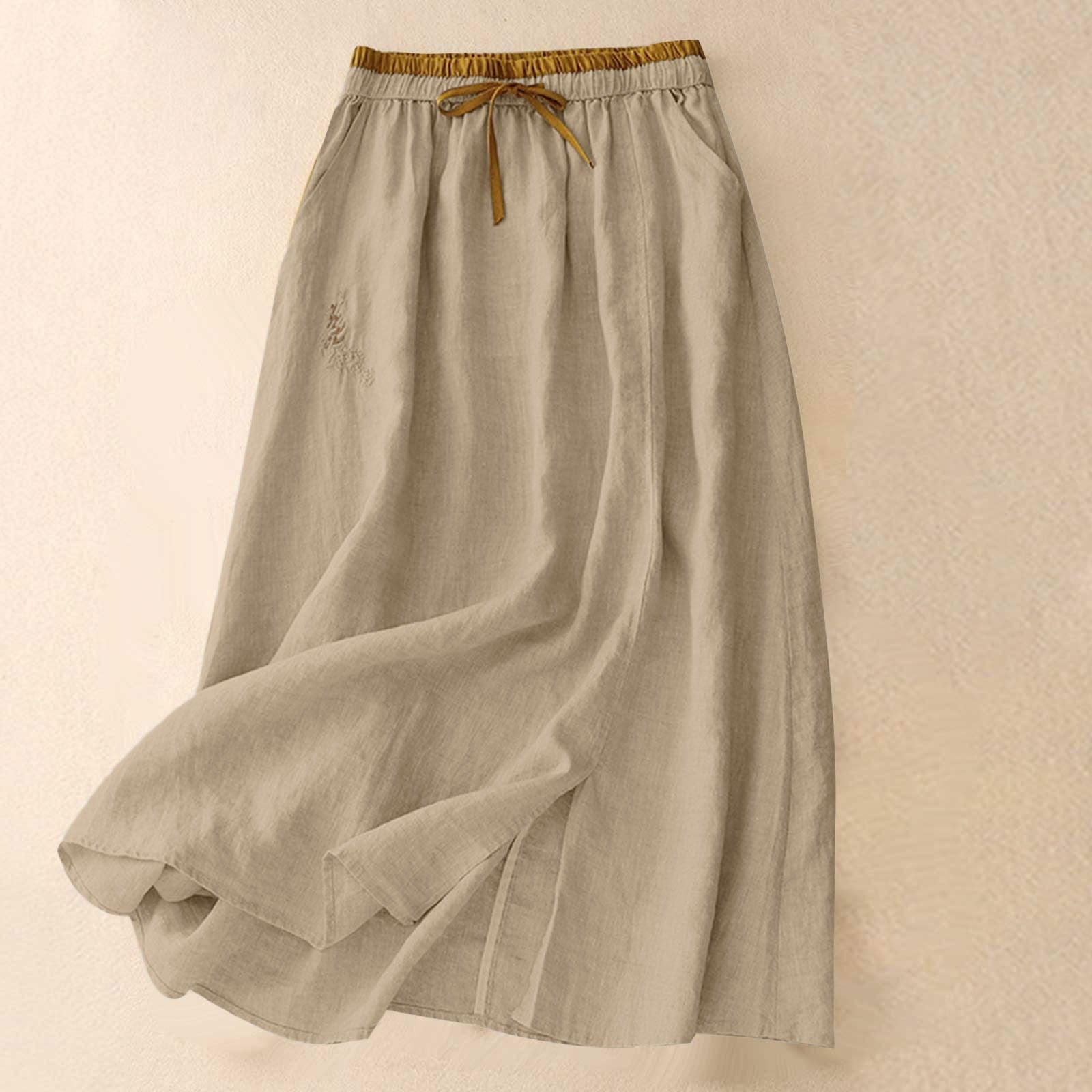 Women's Vintage Floral Art Linen Elastic waistband Pocket Skirt main image 0