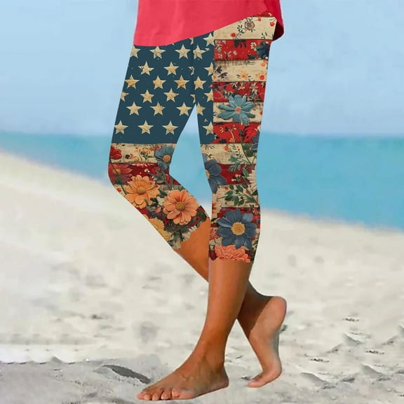 Delliss Women's Summer Independence Day Printed Yoga Capri Leggings Stretchy Comfy Soft Tights