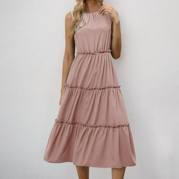 Delliss Women's Summer Sleeveless Plain Tank Dress Crew Neck Tiered Pleated Long Dress Beach Simple Trendy Sundress