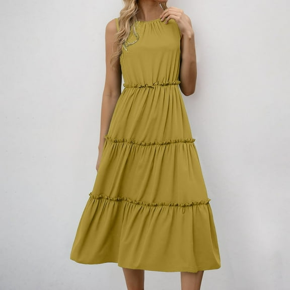 Delliss Women's Summer Sleeveless Plain Tank Dress Crew Neck Tiered Pleated Long Dress Beach Simple Trendy Sundress