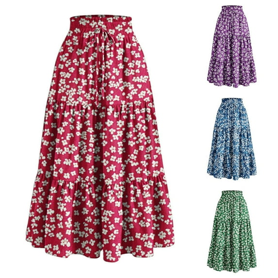 Delliss Women's Summer Trendy Print Layered Drawstring Flowy Skirt Elastic Waist Boho Casual Skirts With Pockets