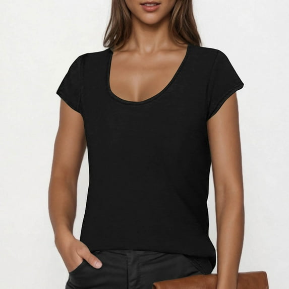 Delliss Women's T-Shirts Short Sleeve Scoop Neck Casual Tops Soft Solid Basic Tee Blouses S-2XL