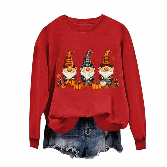 Delliss Women's Thanksgiving Print Long Sleeve Crew Neck Sweatshirt Red XL