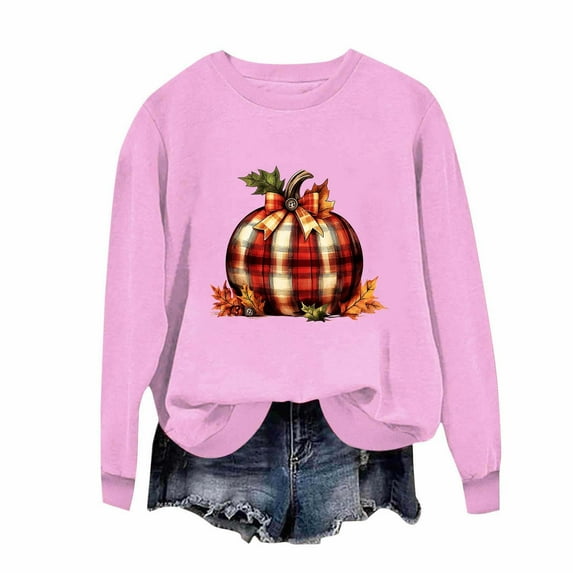 Delliss Women's Thanksgiving Print Long Sleeve Crew Neck Sweatshirt Trendy Casual Top Pink XS