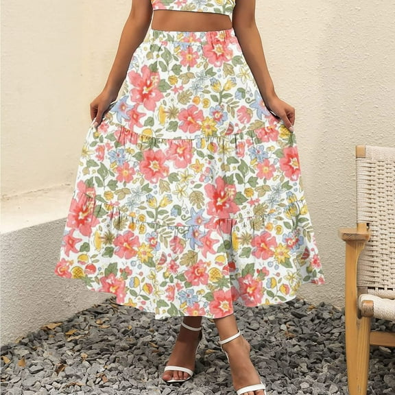 Delliss Women's Tiered Boho Skirt Casual Elastic High Waist Maxi Skirts