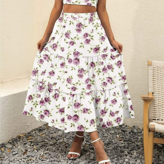 Delliss Women's Tiered Boho Skirt Casual Elastic High Waist Maxi Skirts
