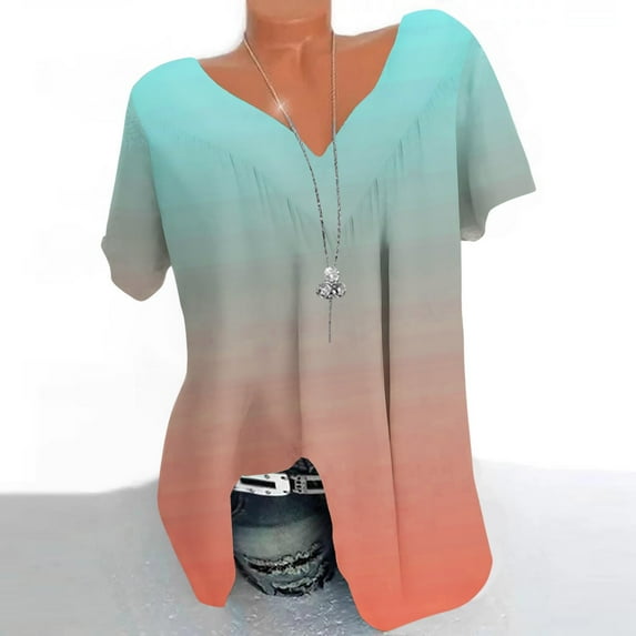 Delliss Women's Top Short sleeved V-neck top solid color T-shirt casual top Loose Summer Top