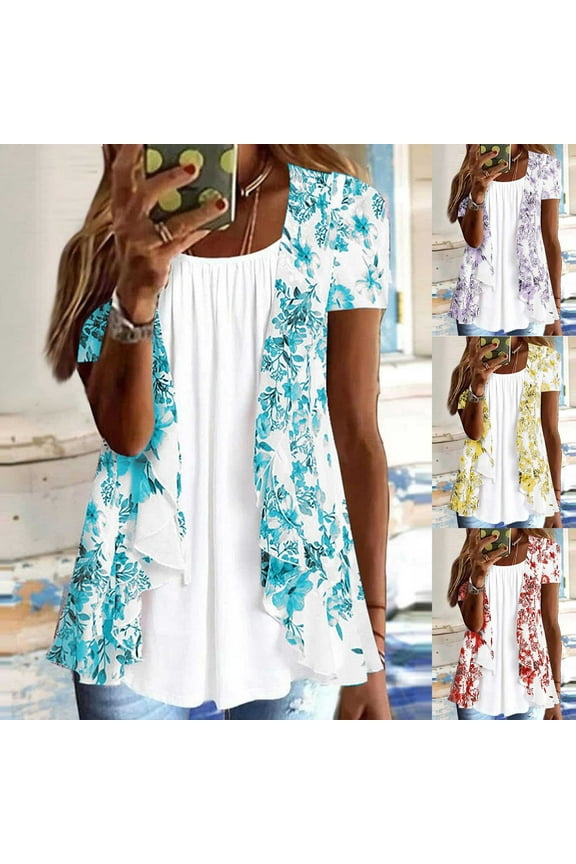 Women's Top short sleeved printed round neck loose fitting fake two-piece pleated T-shirt top Loose Summer Top
