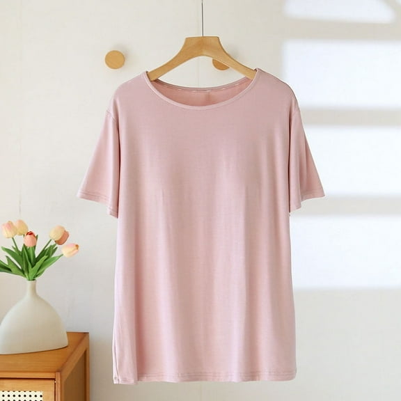 Delliss Women's Trendy Comfy Short Sleeve Tops Crew Neck Casual Loose Fit Basic T-Shirt With Padded